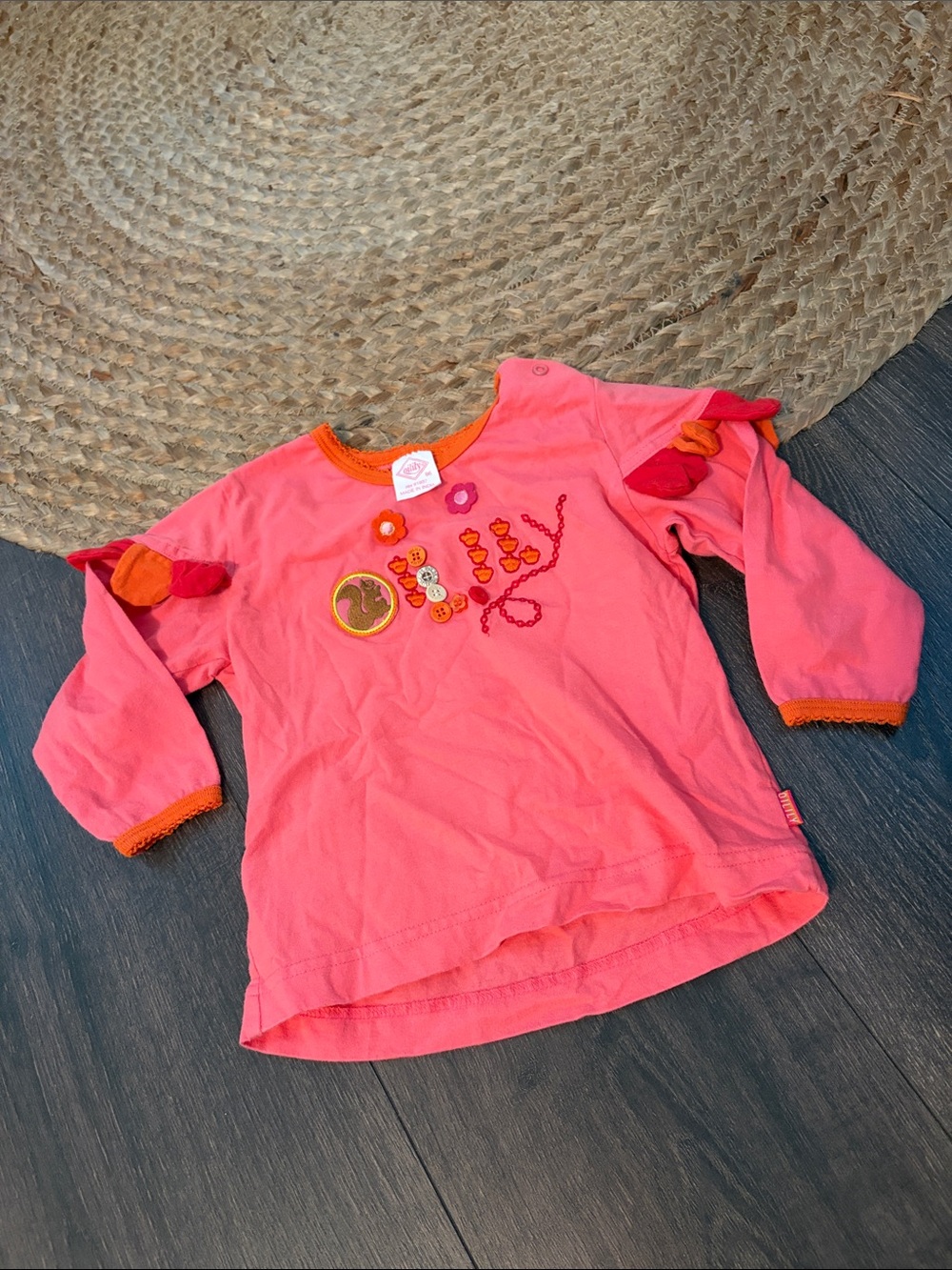 Oilily Coral Pink Long Sleeve Tee with Orange Trim and Appliqués